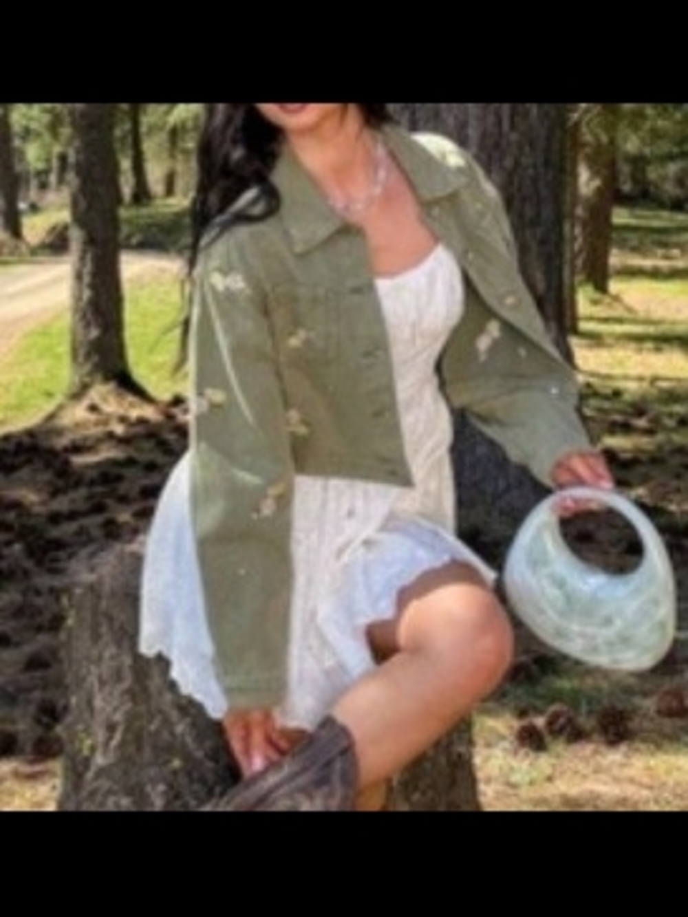 POL Olive Green Floral Embroidered Crop Jean Jacket